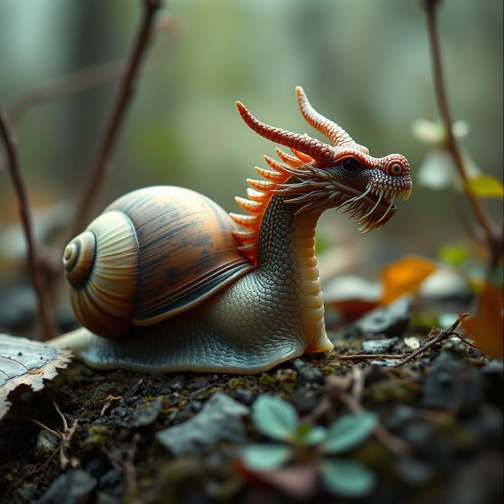 Surreal Nature Scene with a Snail-Dragon Mutation in a Chine...