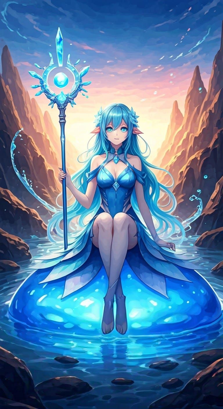 Anime Water Spirit Mage in Elysian Landscape