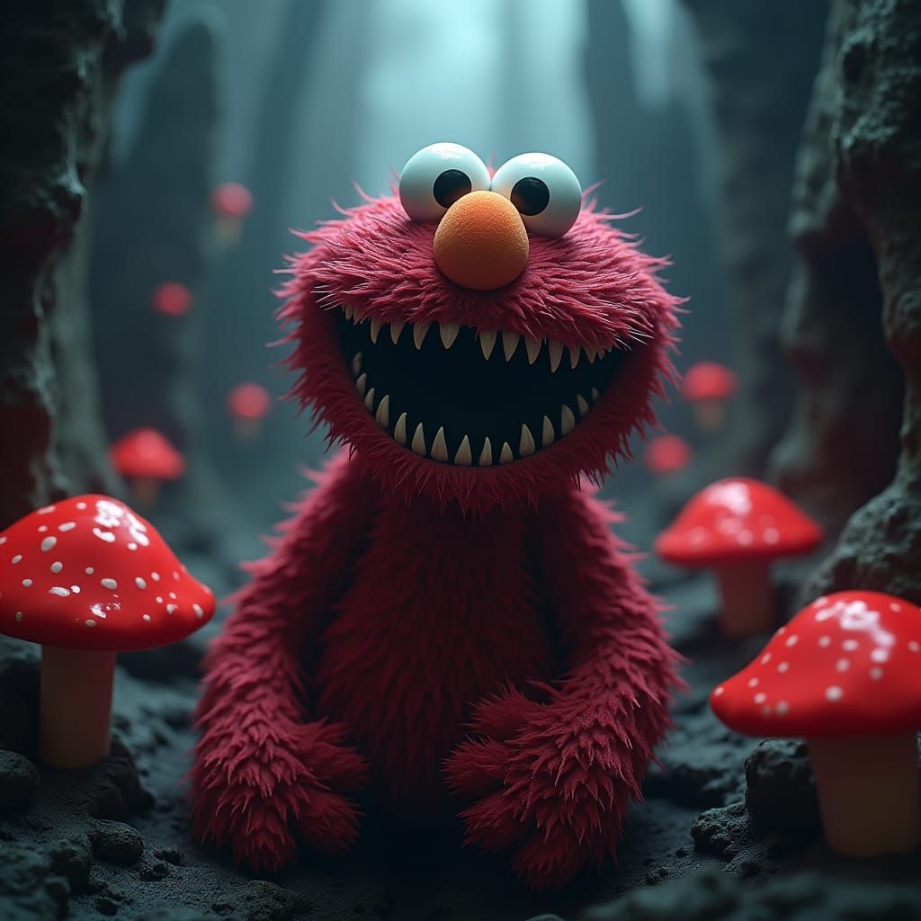 Evil Elmo in Gothic Dreamscape, Detailed Matte Painting