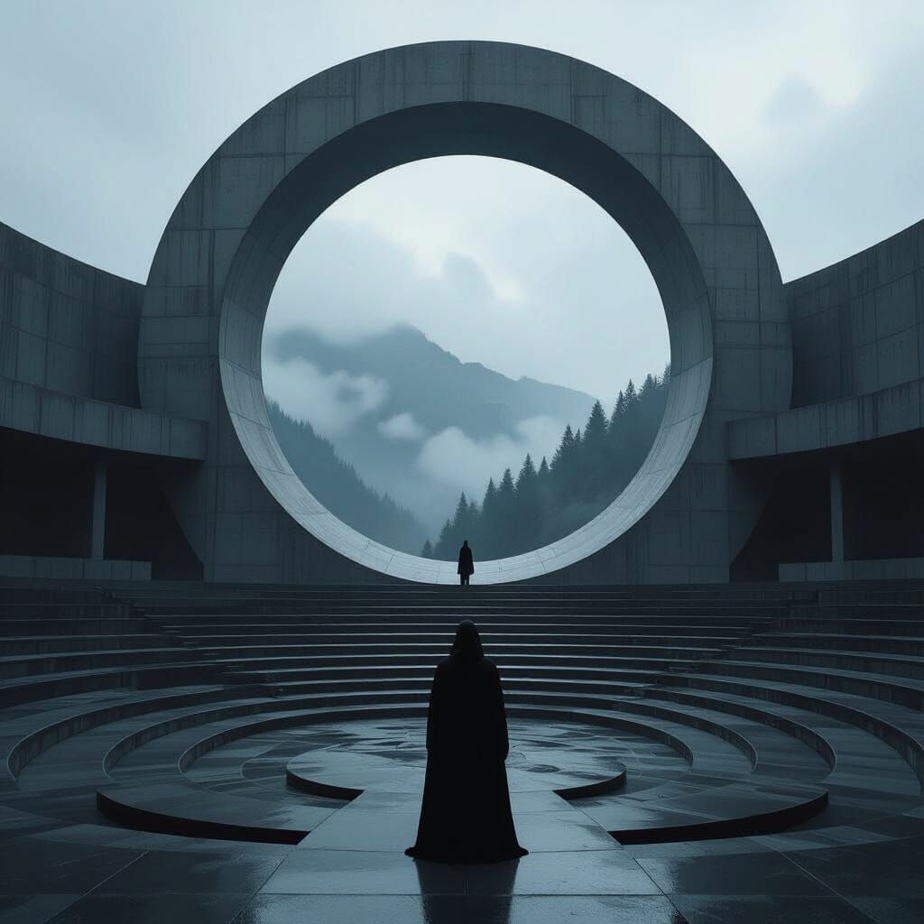 Figure in Brutalist Arena Under Misty Mountains