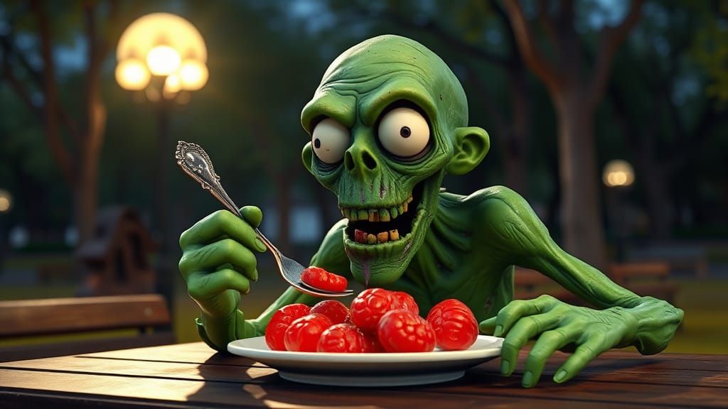 Green Zombie Enjoying Gummy Brains: Pixar-Style 3D Art