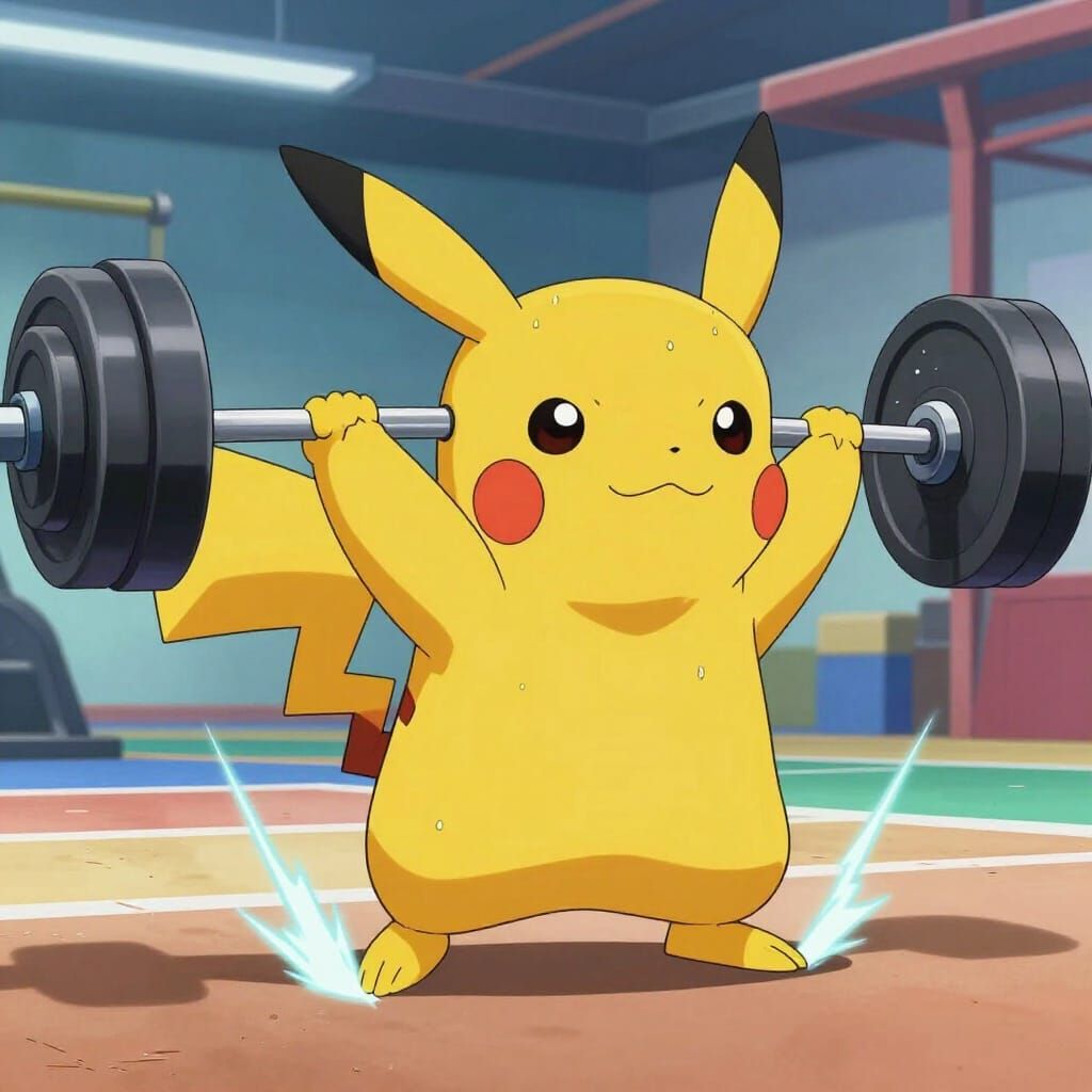 Pikachu Powerlifting with Electric Energy in Anime Style