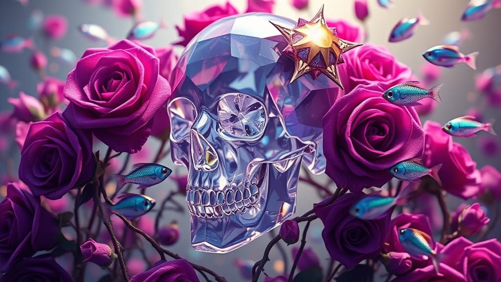 Vibrant Underwater Scene with Crystal Skull and Iridescent F...