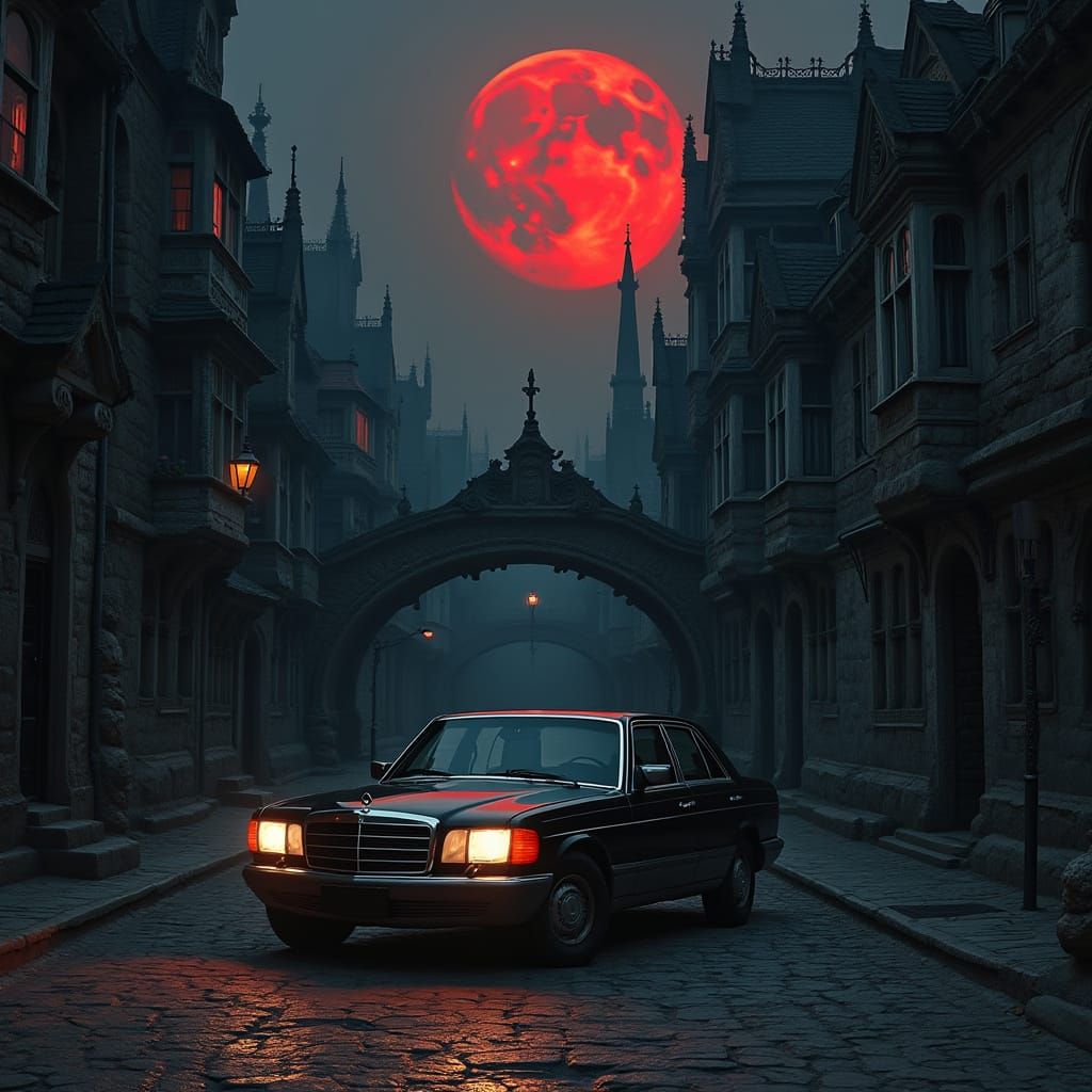 Gothic Mercedes Under Red Moon, Surrealist Style