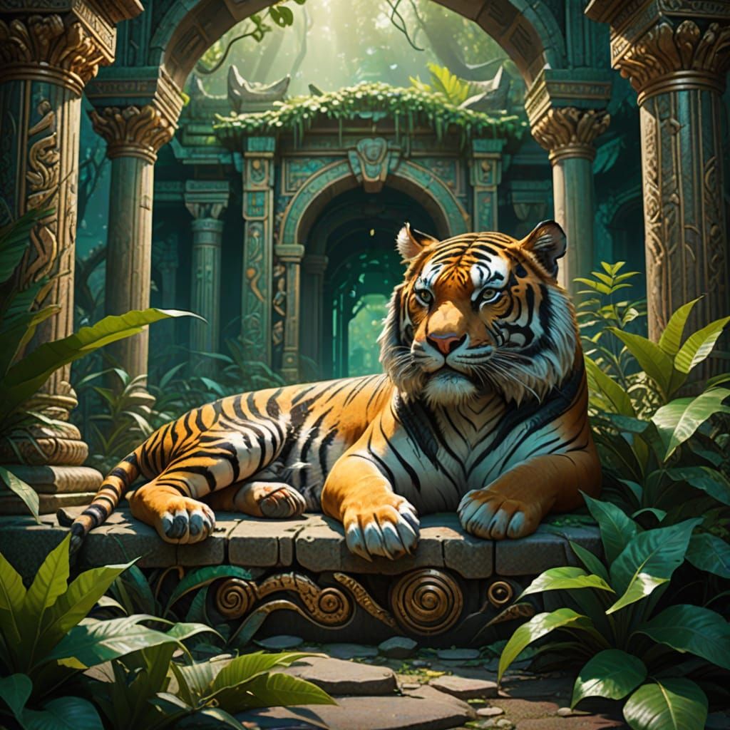 Majestic Tiger Sleeps Peacefully With Dragon in Ancient Temp...