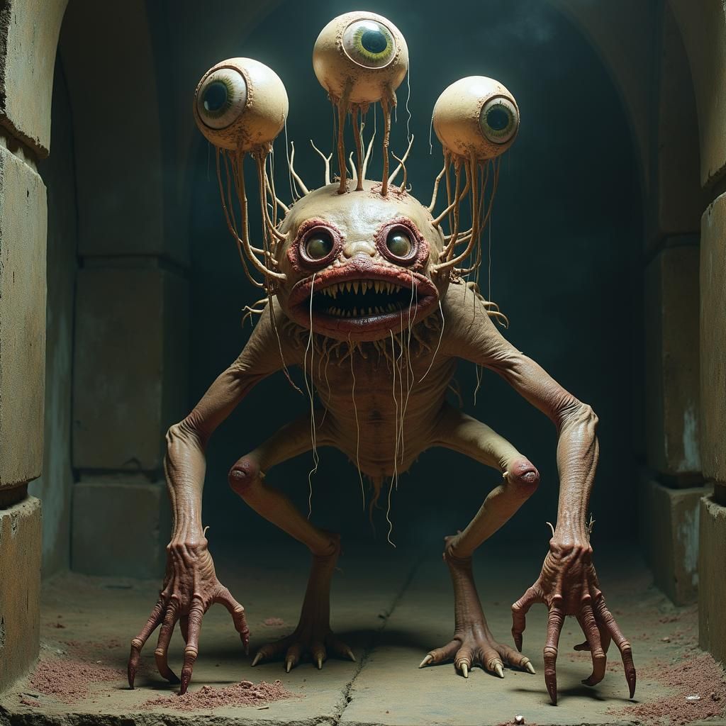 Grotesque Eyeball Creature in Surreal Horror Style