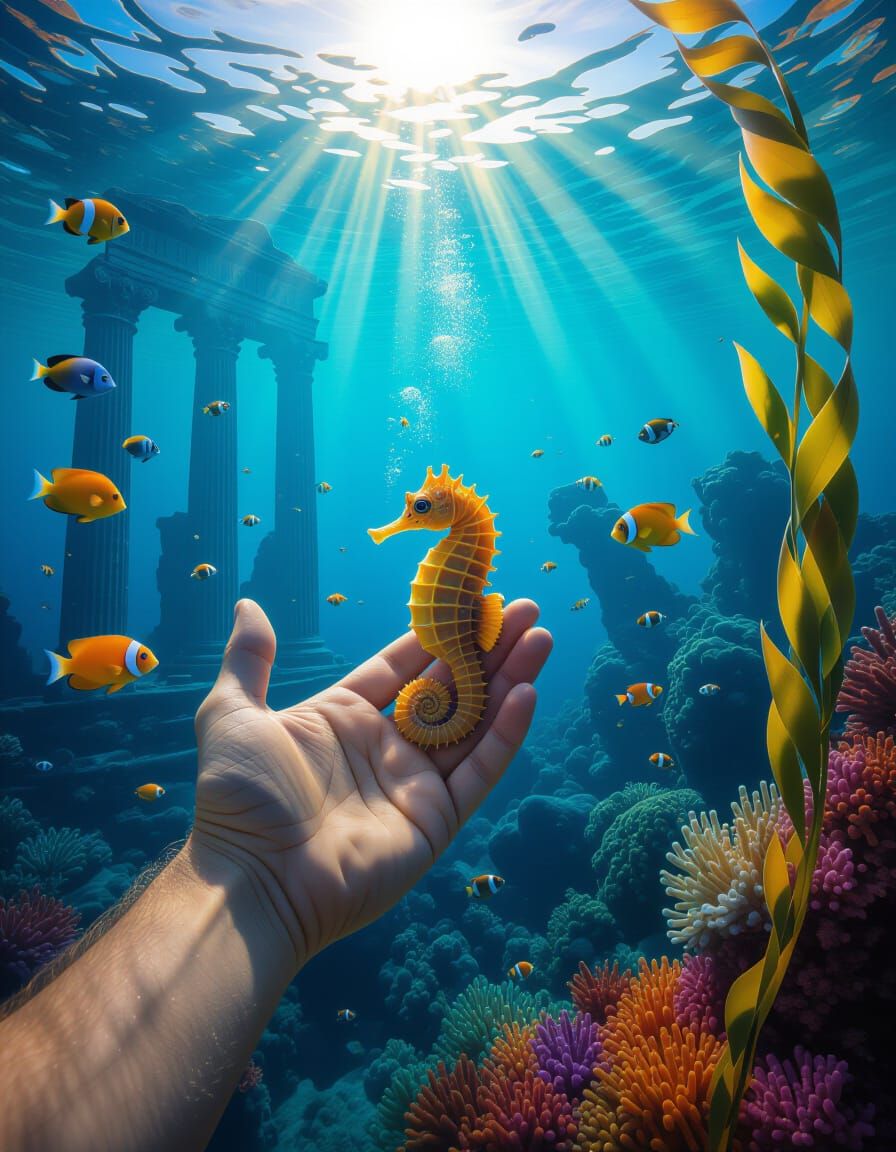 Surreal Underwater Scene: Seahorse in Diver's Hand with Roma...