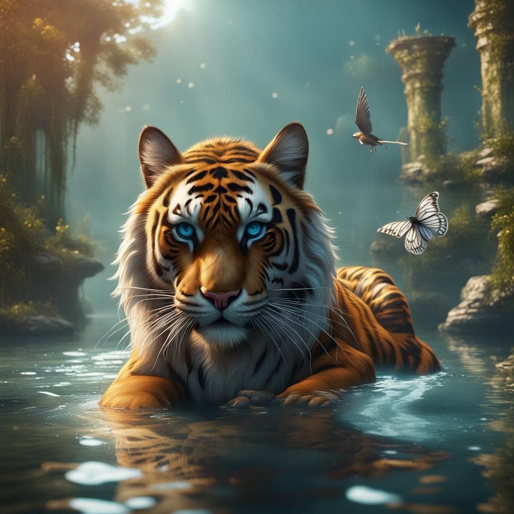 Winged Tiger Reflection in Detailed Matte Painting