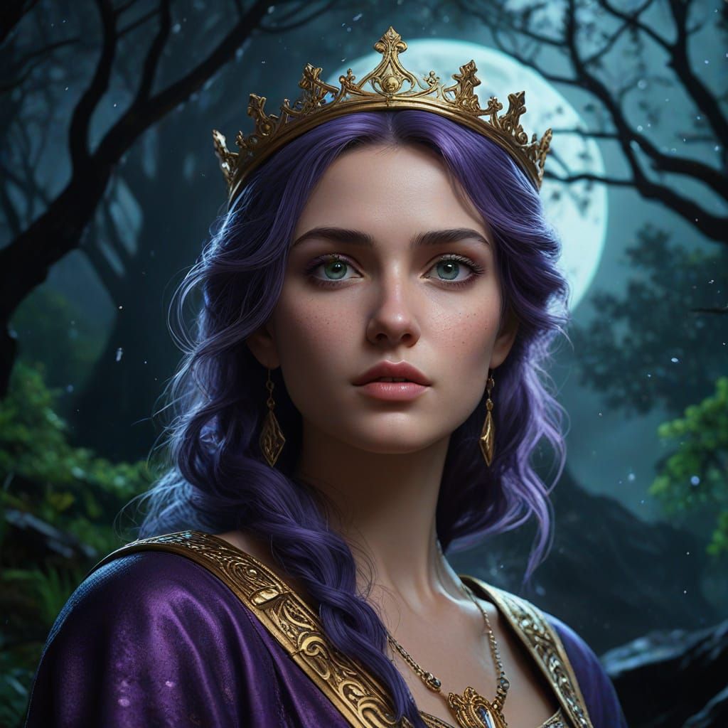 Aphrodite in Mountain Forest Under Moonlight