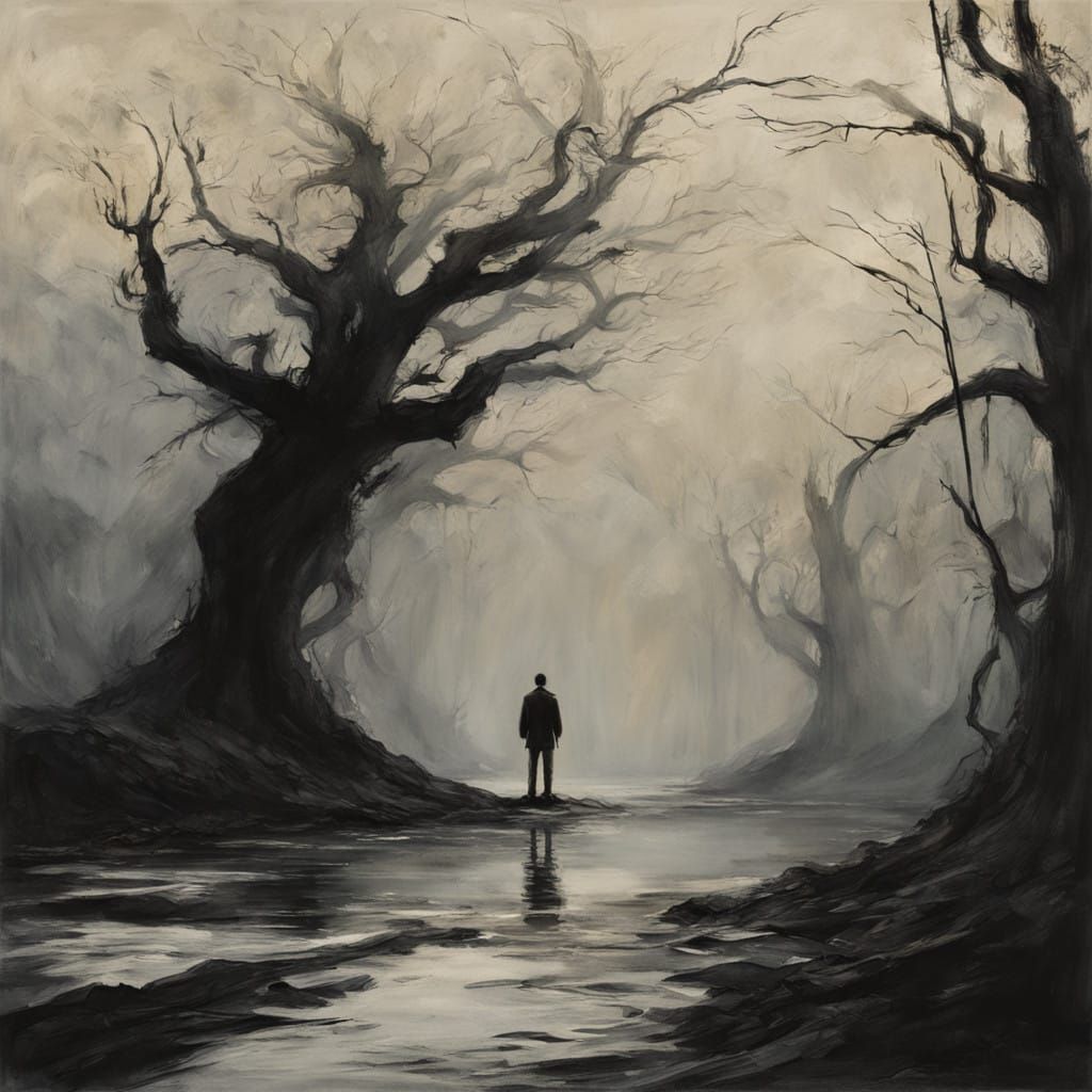 Dark Surreal Figure Emerges from Shadowy Landscape
