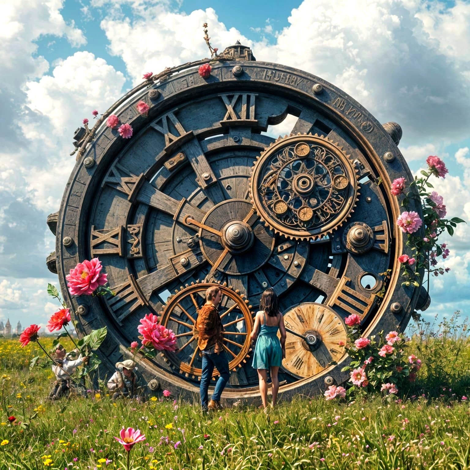 Giant Clockwork Sculpture in Meadow, Digital Matte Painting