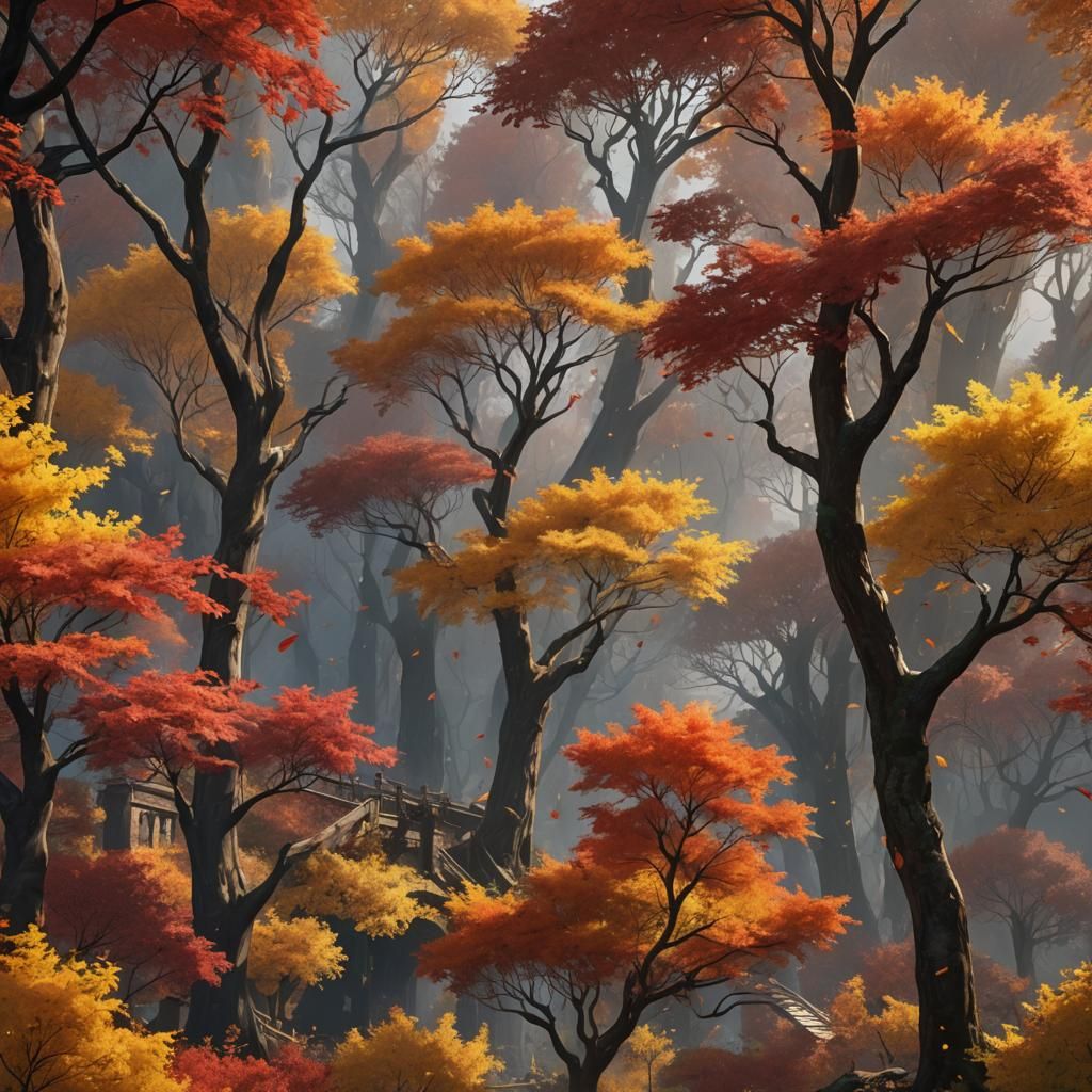 Autumnal Scene with Colorful Scarves in Detailed Matte Paint...