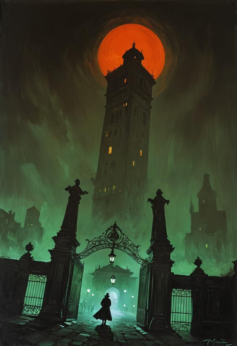 Noir Night Scene Painting with Red Moon