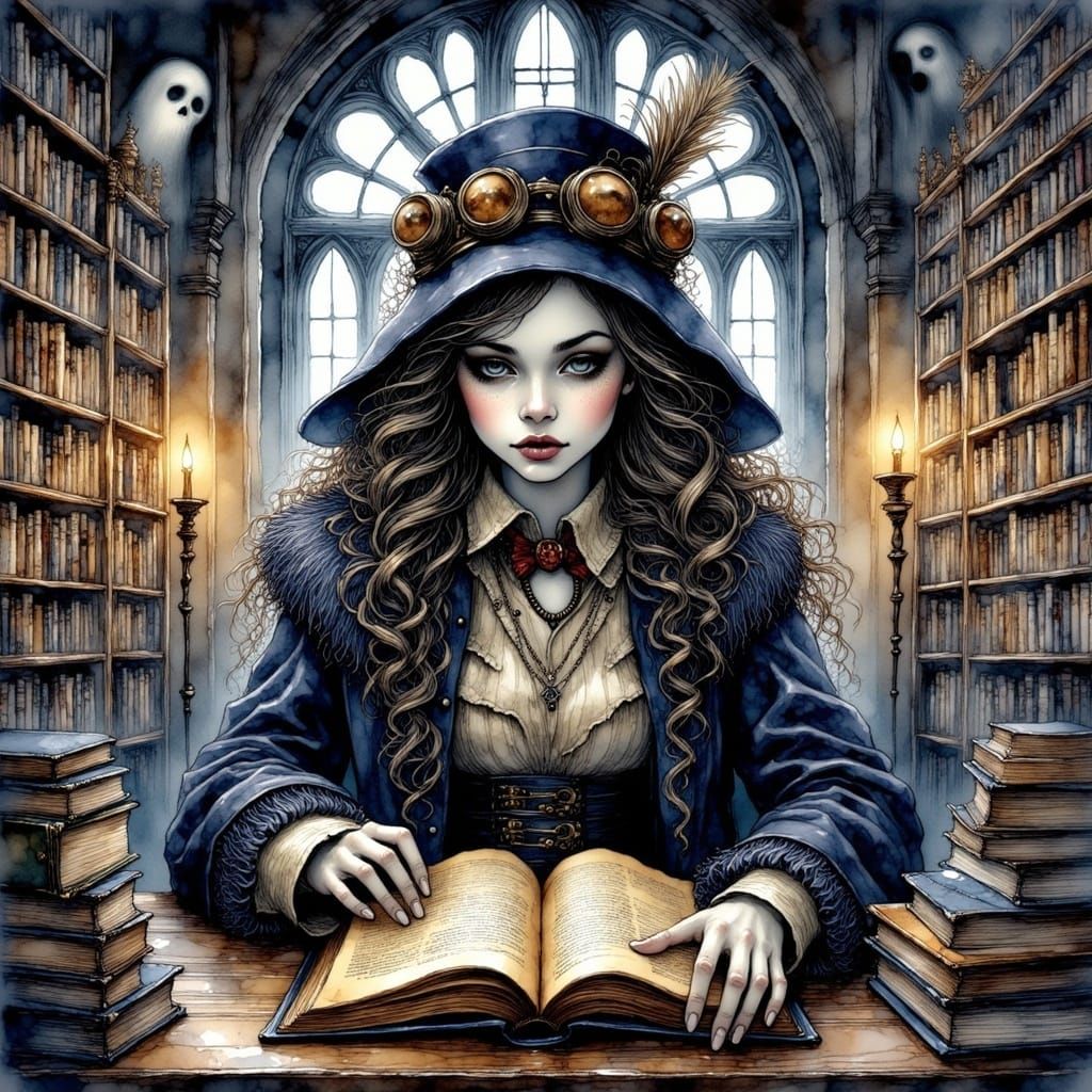 Steampunk Ghost Hunter Examines Haunted Book in Gothic Libra...