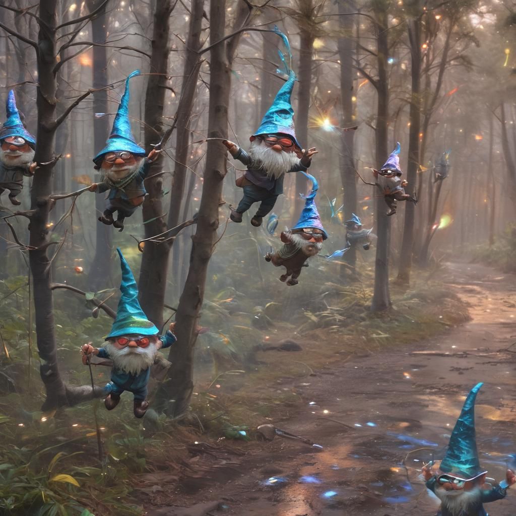 Surreal Gnomes Swirling in Wind: Whimsical Oil Painting