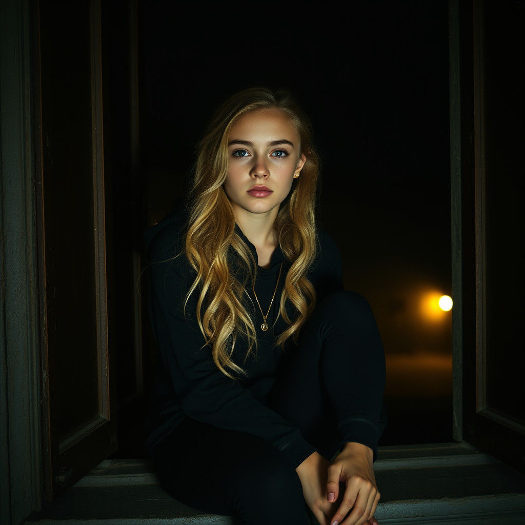 Melancholic Girl in Shadows: Cinematic Film Still