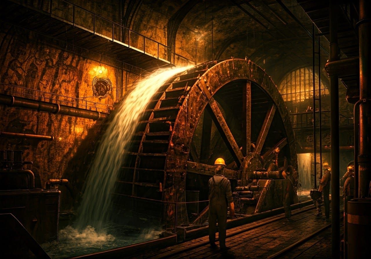 Steam-Powered Waterwheel in a Subterranean City