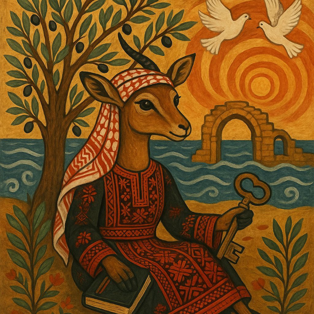 Palestinian Folk Art Masterpiece: Gazelle Under Olive Tree