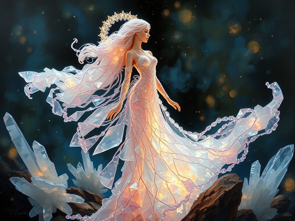 Luminous Crystal Goddess in Dreamlike Impasto Painting