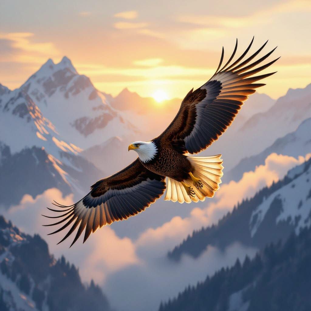 Golden Eagle Soaring in Alpine Valley at Dawn