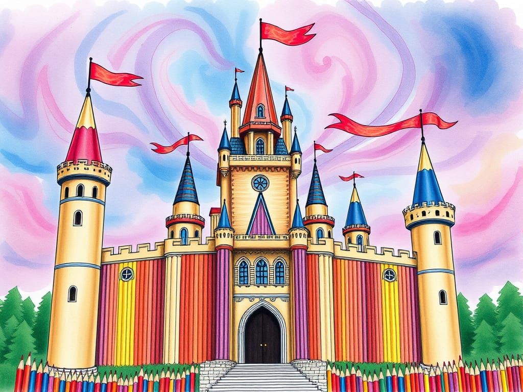 Whimsical Pencil Castle Built With Vibrant Watercolor Sky