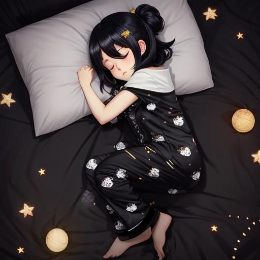 Chibi Girl Sleeping in Starry Pajamas: Anime Style