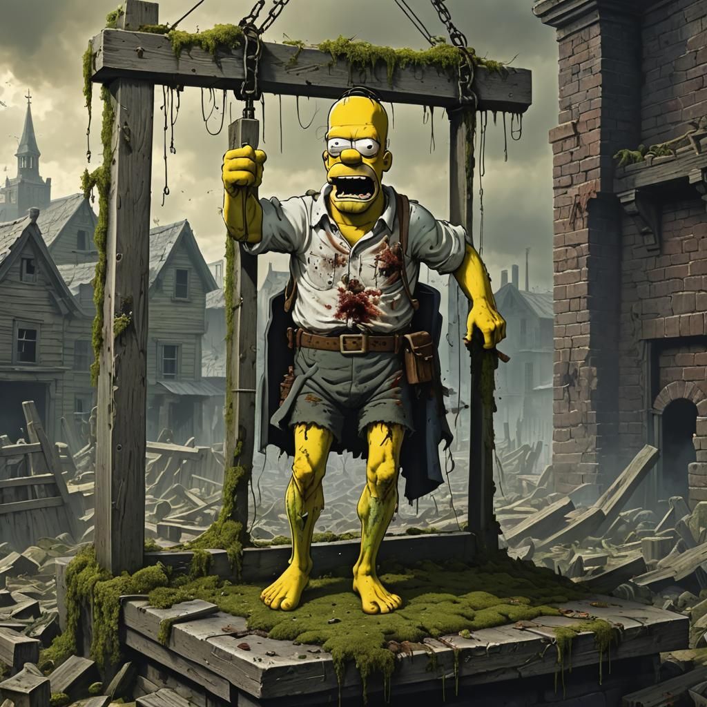 Hyperrealistic Zombie Homer Simpson Guillotine Scene