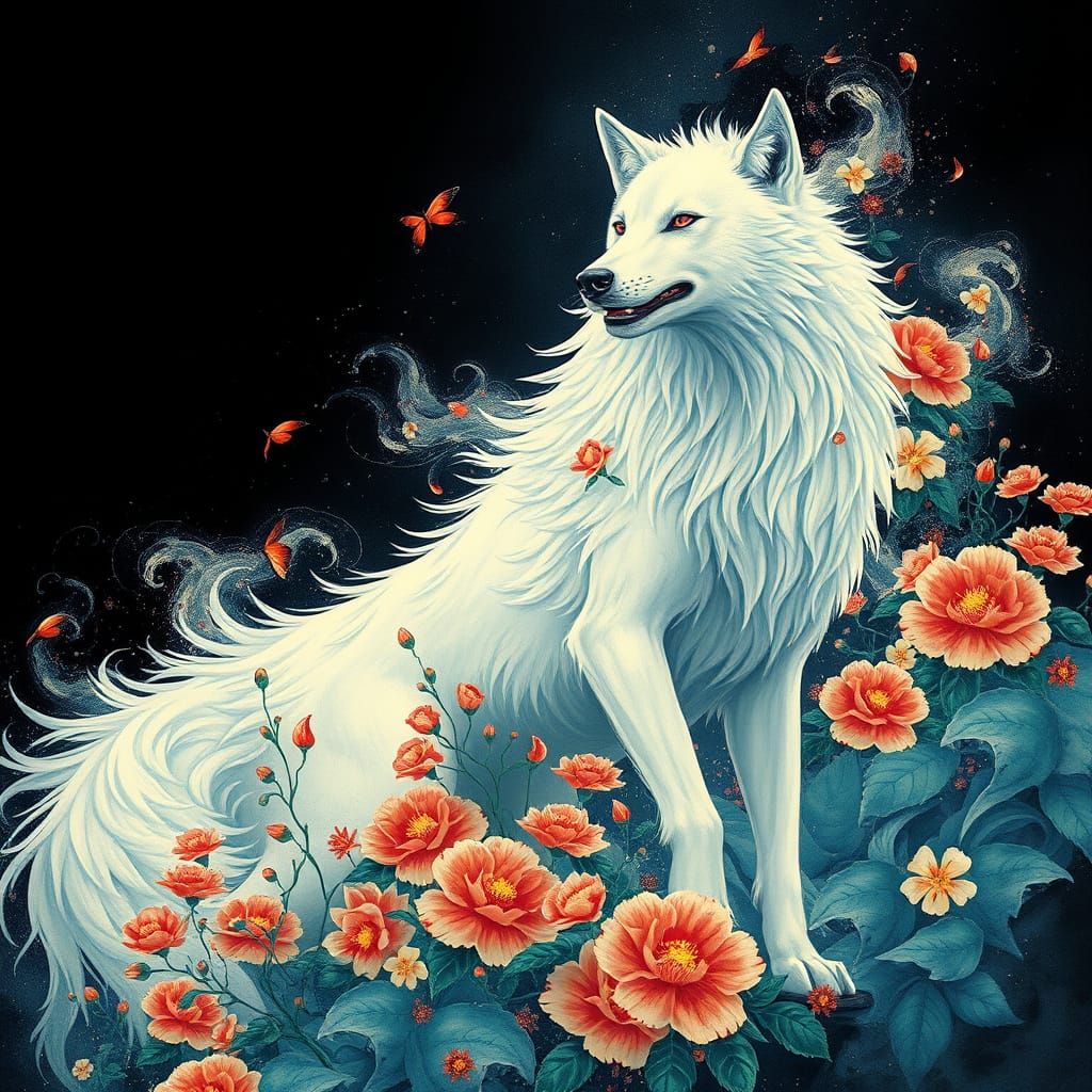 Majestic White Wolf Goddess Emerges in Vibrant Hyper-Realist...