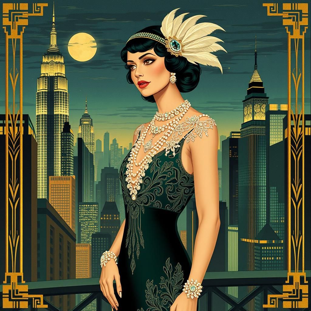Elegant Flapper in Art Deco Cityscape Illustration