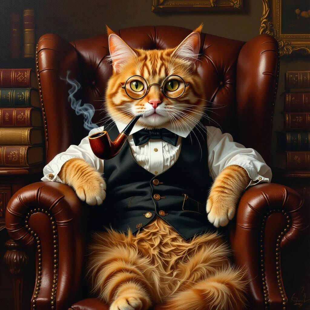 Elegant Ginger Cat in Library: Oil Painting Style