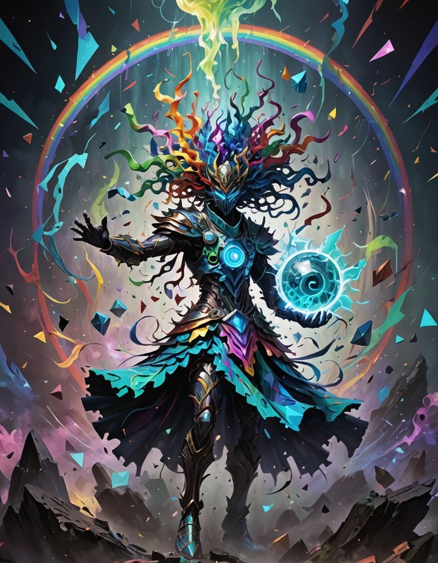 Abstract Rainbow God of Chaos in Magic the Gathering Style