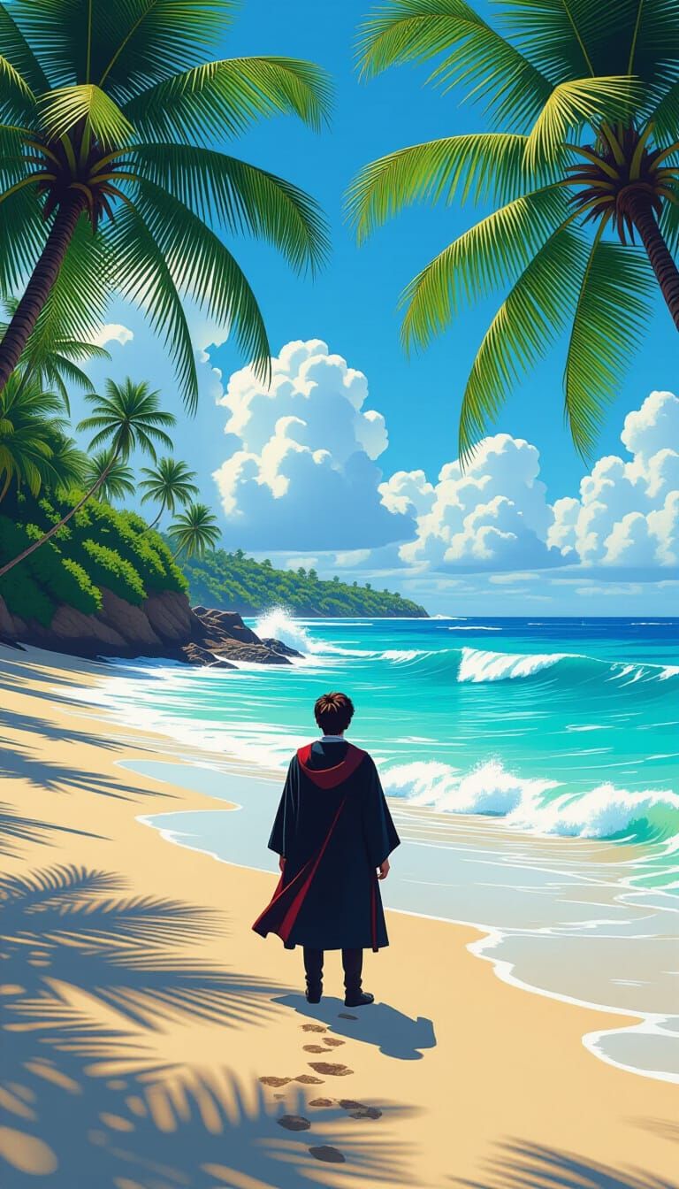 Wizard Relaxing on Tropical Beach, Fantasy Art
