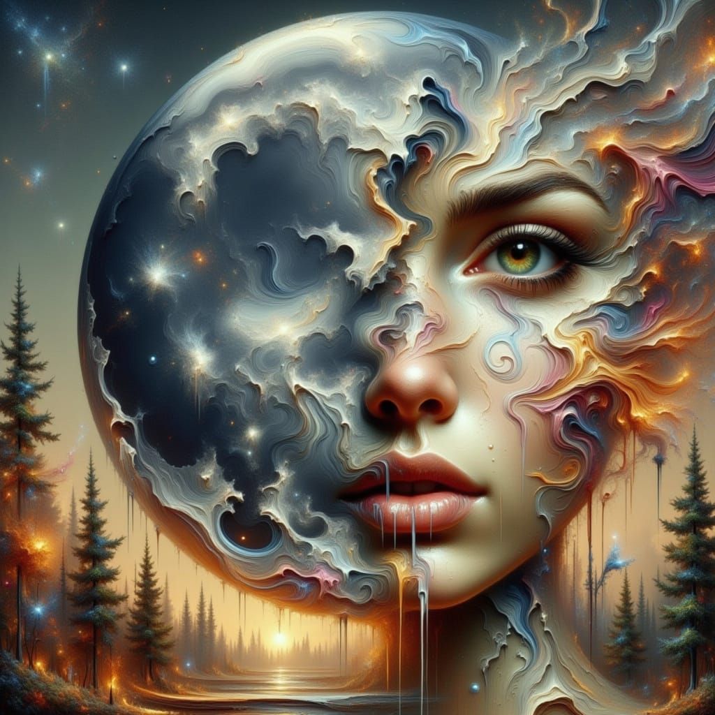 Dripping Moon with Woman's Face in Fantasy Forest