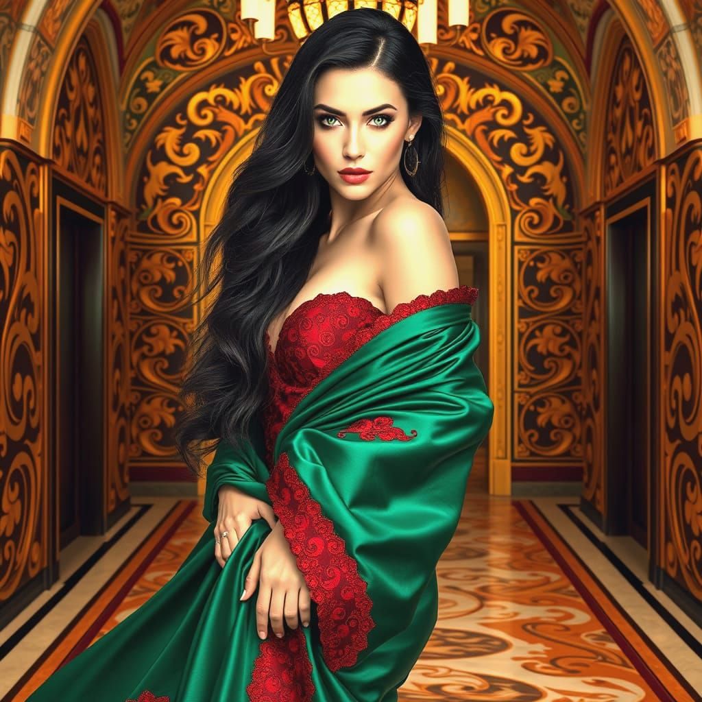 Stunning Woman in Emerald and Ruby Gown