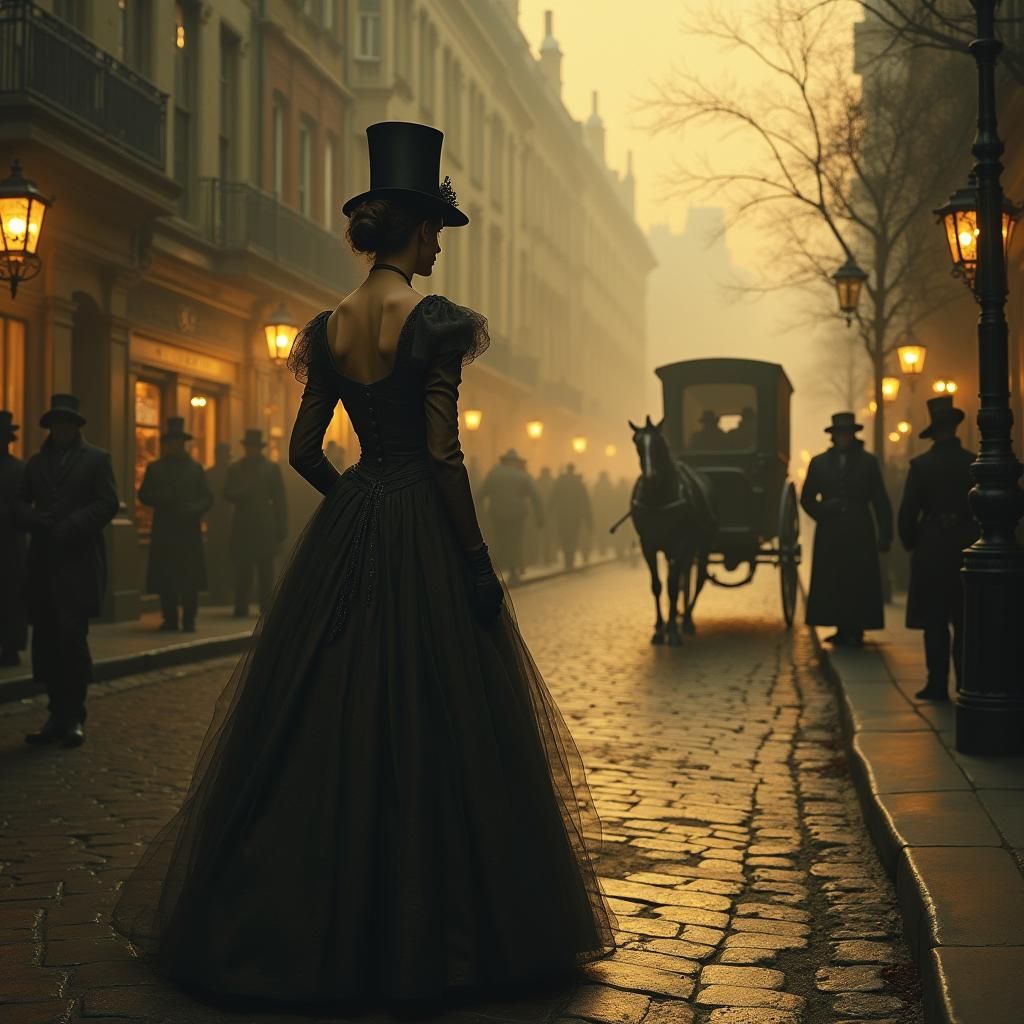 Victorian Woman in London Street, Impressionistic Style