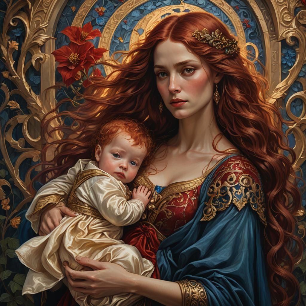 A female with very long red hair, blue eyes, wearing red clo...