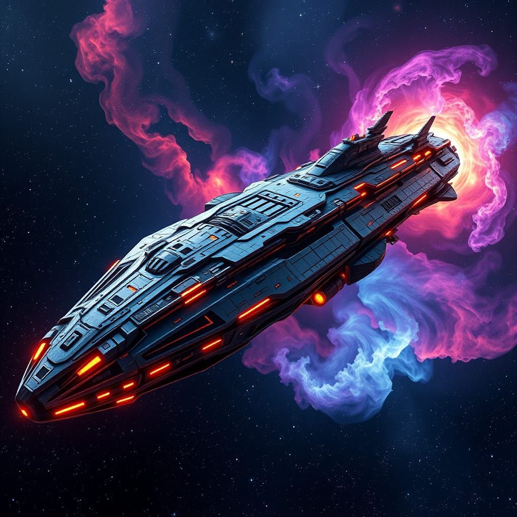 Cosmic Science-Fiction Starship in Vast Nebulae Universe