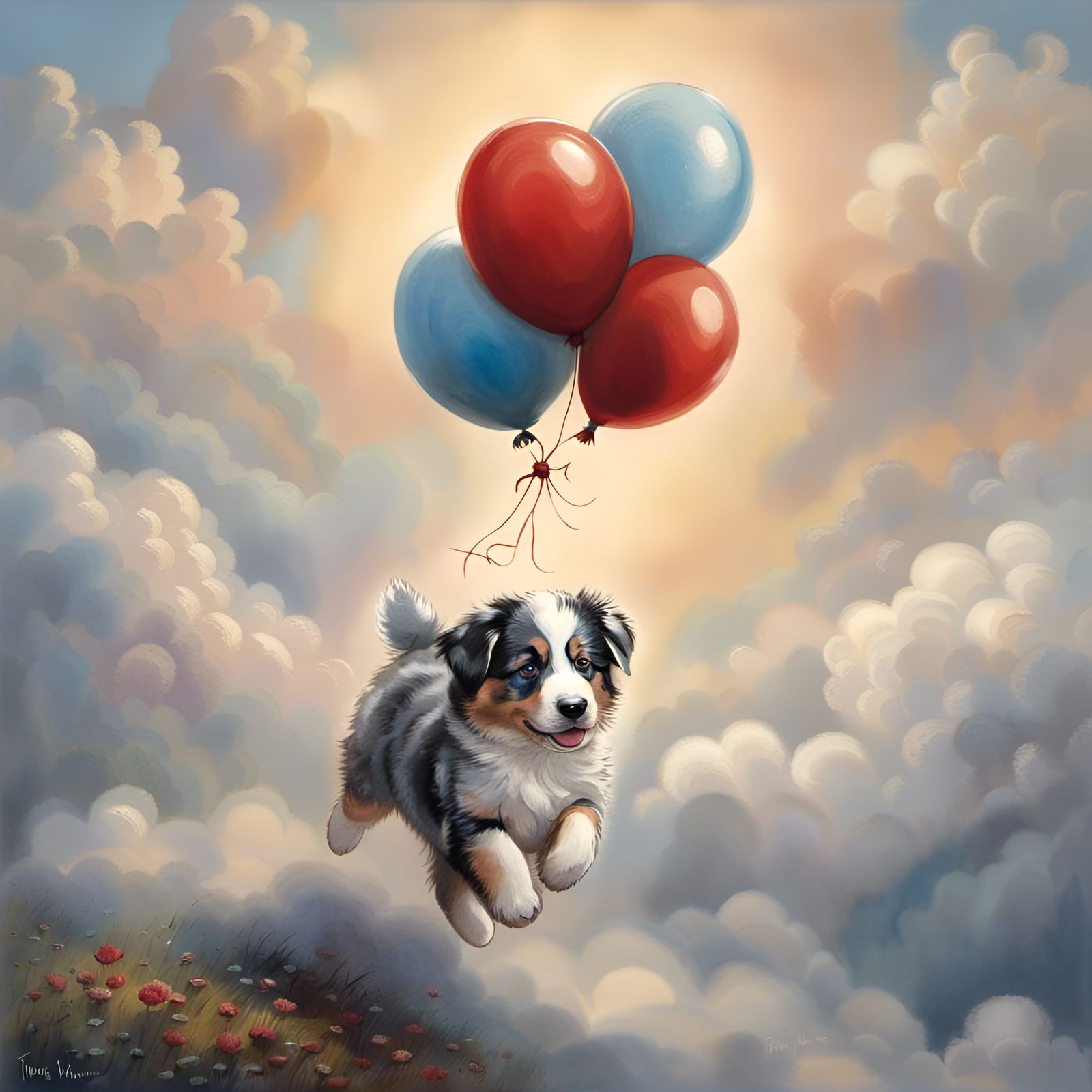 Blue Merle Puppy's Whimsical Balloon Flight