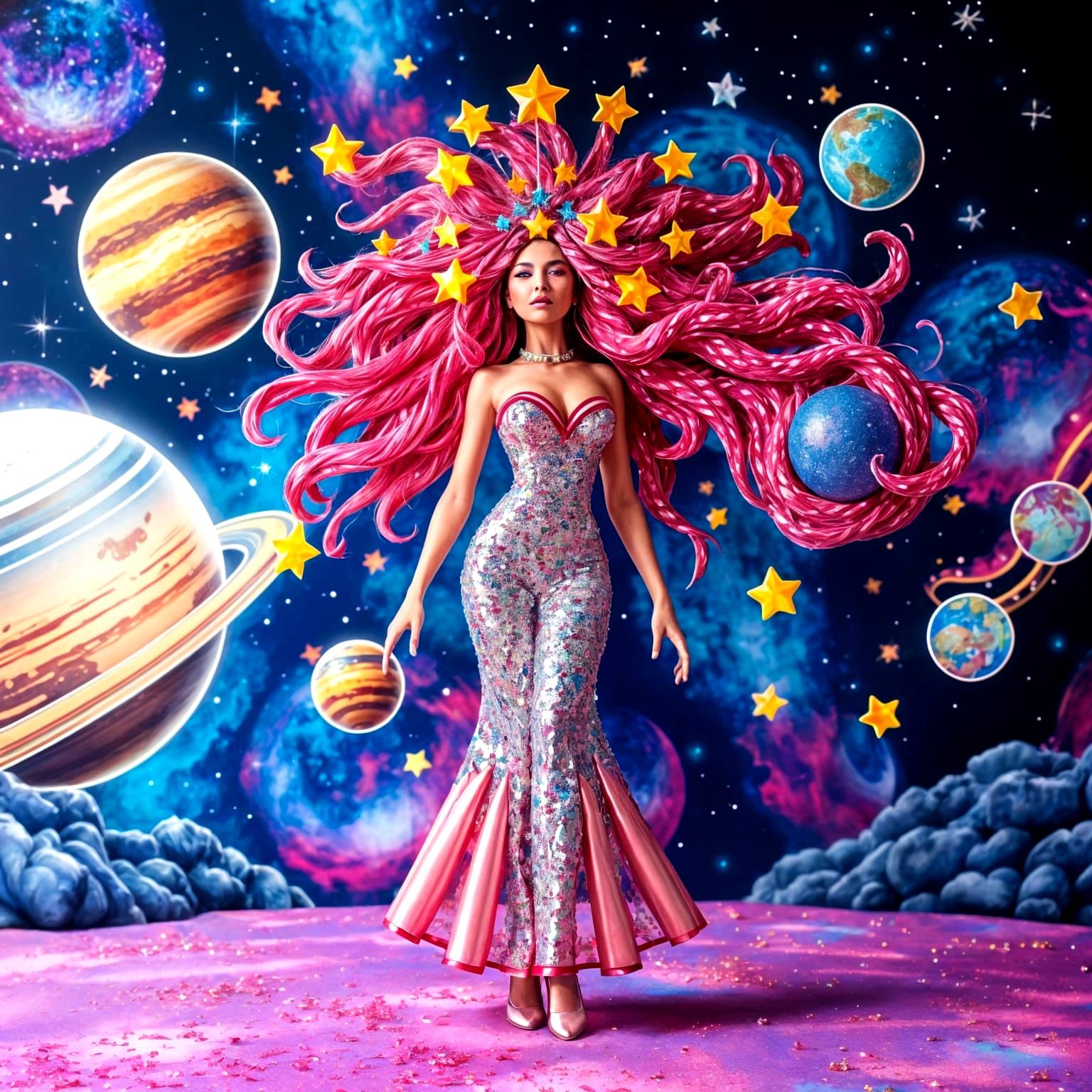 Cosmic Disco Queen in Glitter Craft Art Style