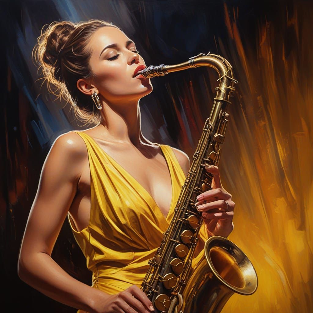 Woman Plays Saxophone in Nightclub Oil Painting