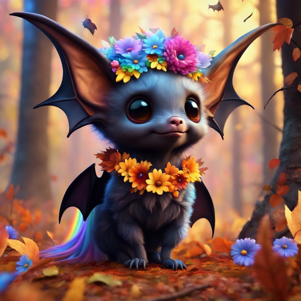 Cute Bat with Rainbow Flowers in Autumn Forest