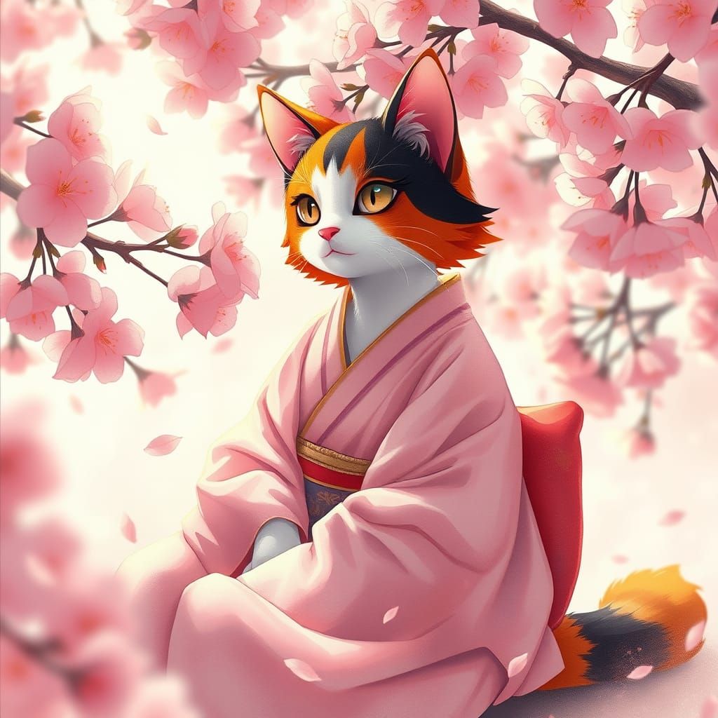 Enchanted Calico Catgirl in Cherry Blossom Paradise