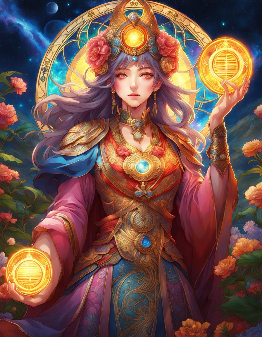 Anime Style Tarot Card with Cosmic Elements