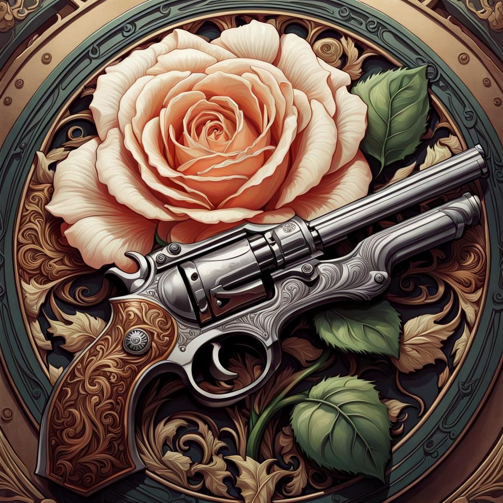 Psychedelic Rose and Pistol Ink Illustration