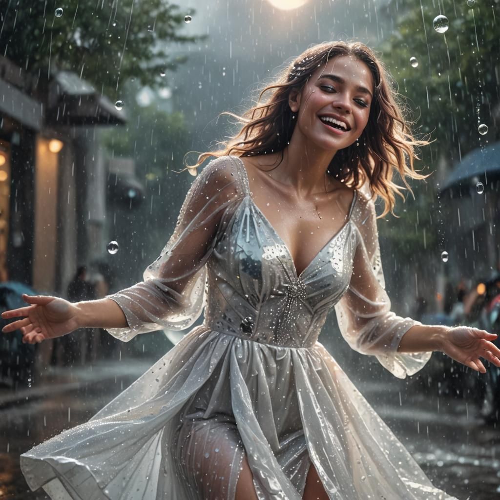 Woman Dancing in Rain with Crystal Dress: Fantasy Art