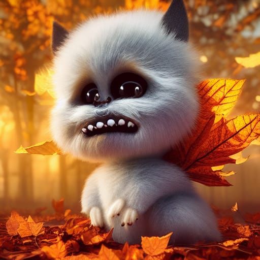 Cute Halloween Monster in Autumn Leaves