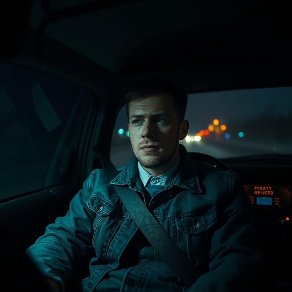 Weary Driver in Eerie, Neon-Noir Landscape