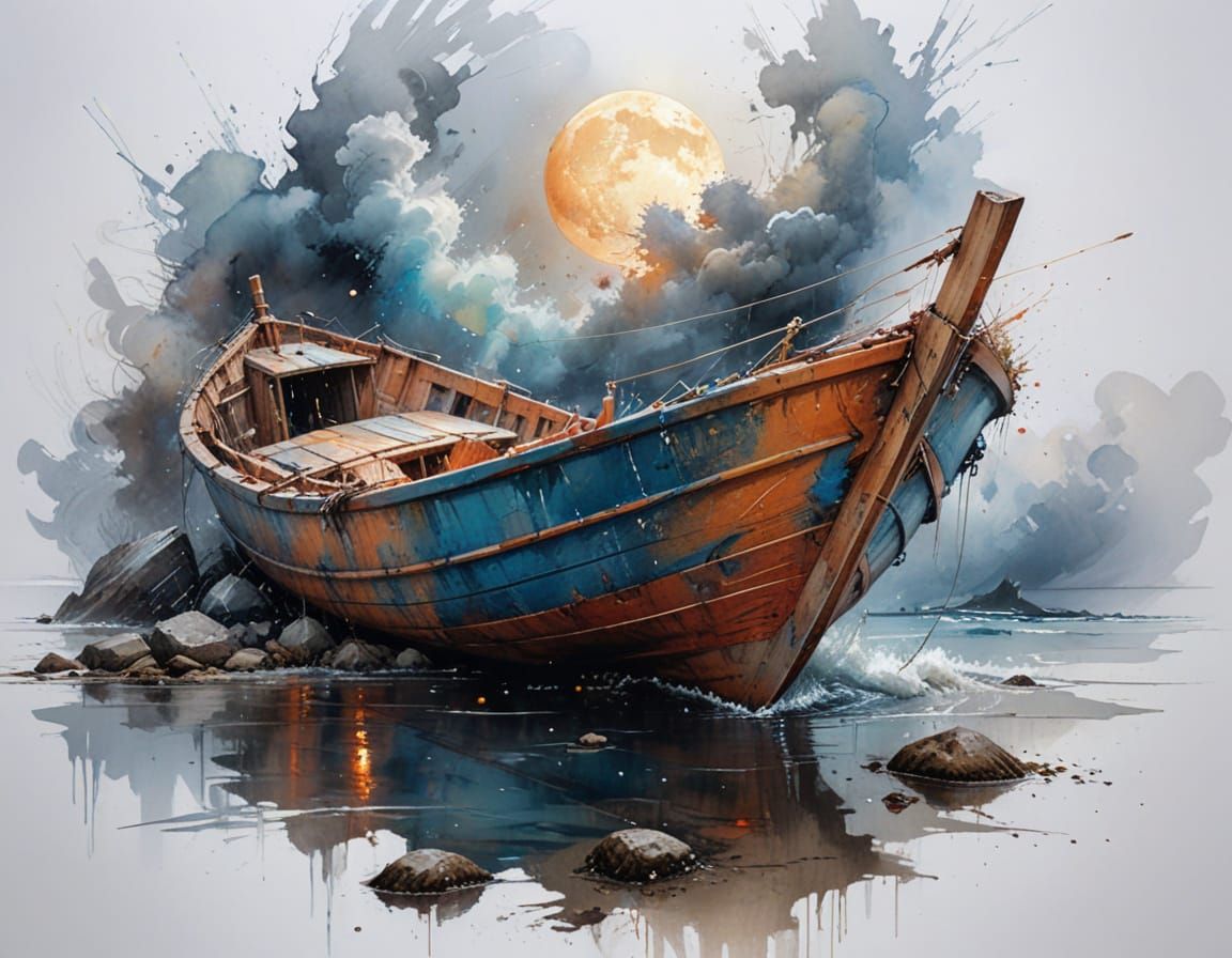 Moonlit Night Scene: Abandoned Boat on Rocky Shore
