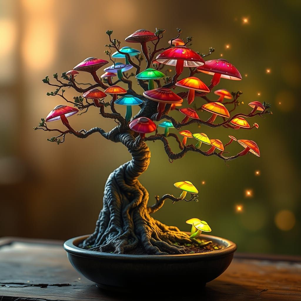 Mystical Bonsai with Rainbow Mushrooms in a Dreamlike Settin...