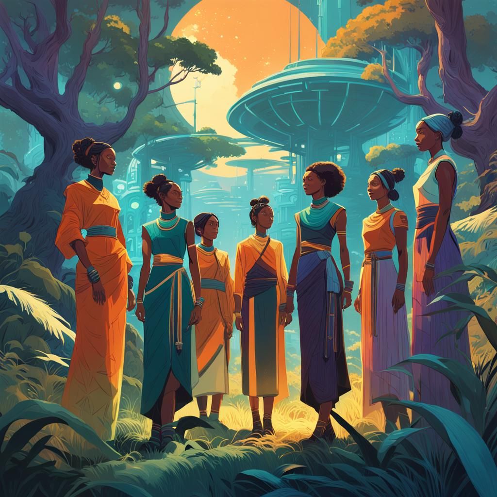 Cultural Gathering in Lush Fantasy Landscape